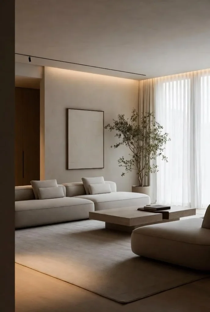 Bright living room featuring white couches and vibrant greenery accents