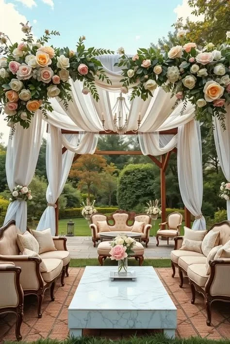 Canopy Design Ideas 2026: Floral Decorated Canopies Perfect For Weddings And Romantic Celebrations Beautiful floral decorated canopy design for weddings and romantic events.