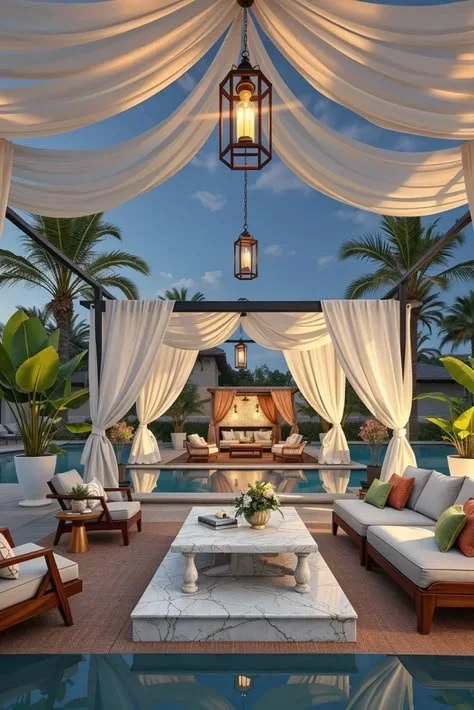 Luxury poolside canopy lounges for elegant summer entertaining