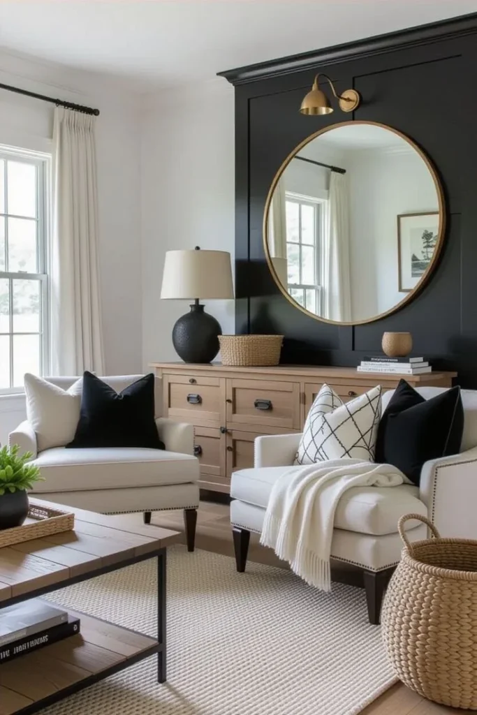 Chic black and tan modern home living room design showcasing elegance and style.
