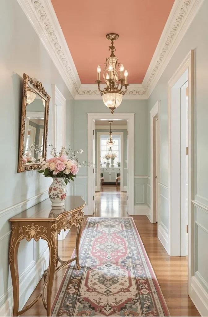 Chic Hallway Glow: Rug, Chandelier & Florals Chic hallway featuring a stylish rug, elegant chandelier, and fresh florals for a warm glow.