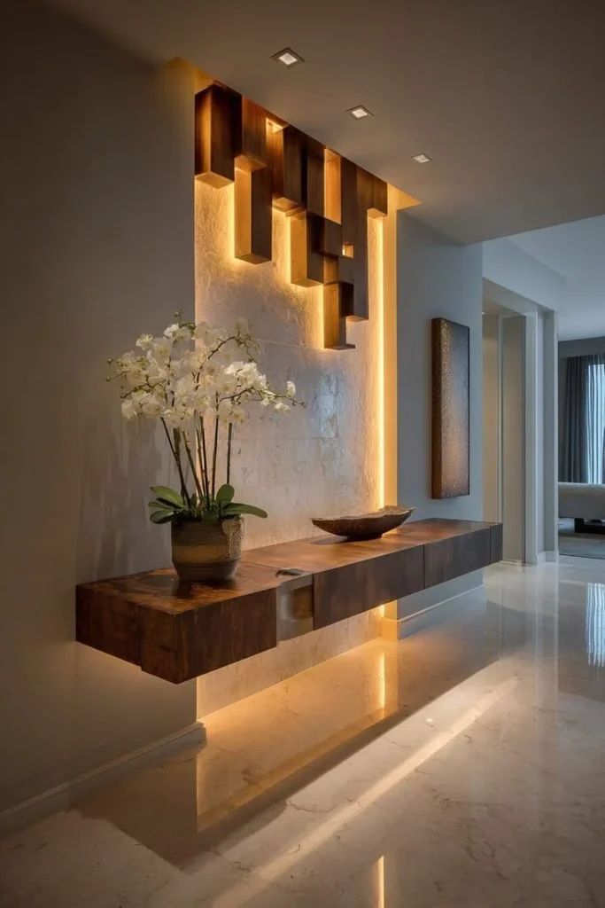 Chic Hallway Vase: Warm Wooden Table Decor Chic hallway vase on a wooden table adds warmth to home decor