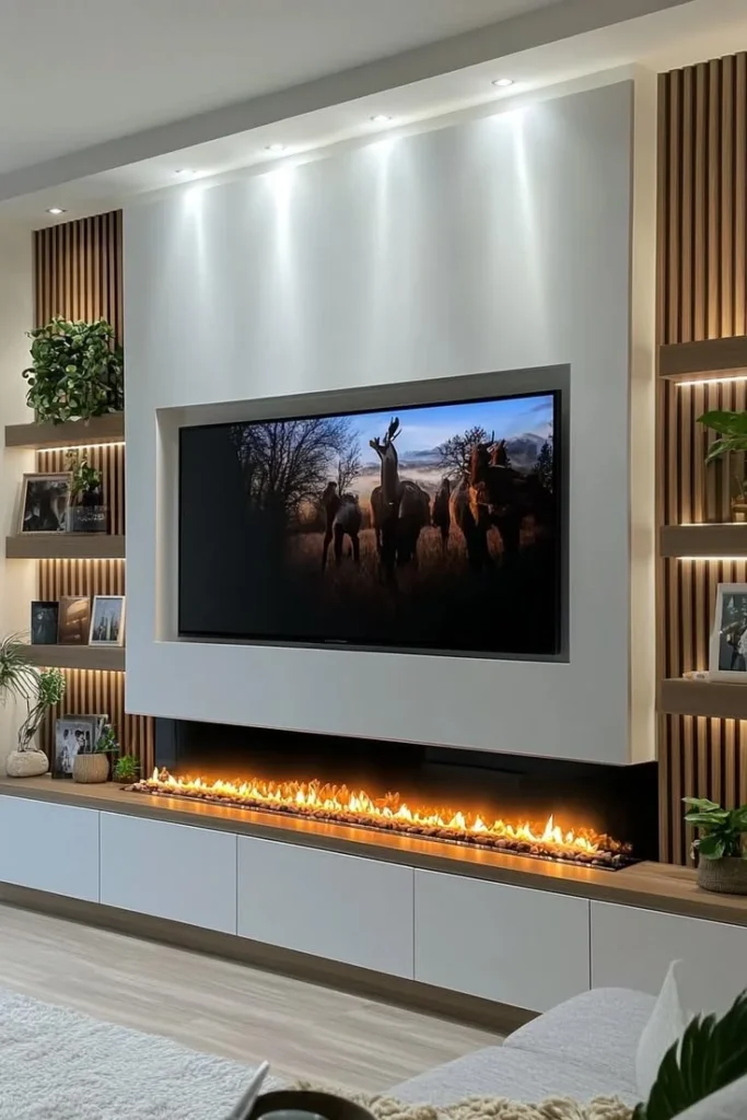 Chic TV wall design with a warm cozy fireplace for modern living rooms