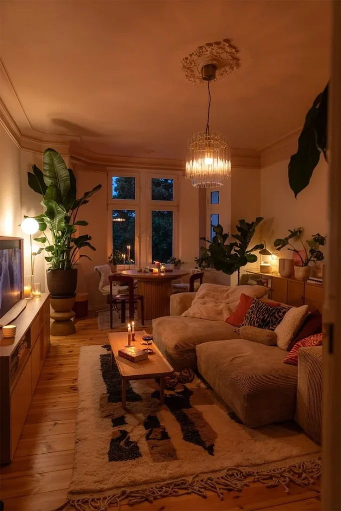 Cozy blue hour living room interior by @caropeony, featuring soft lighting and modern decor.