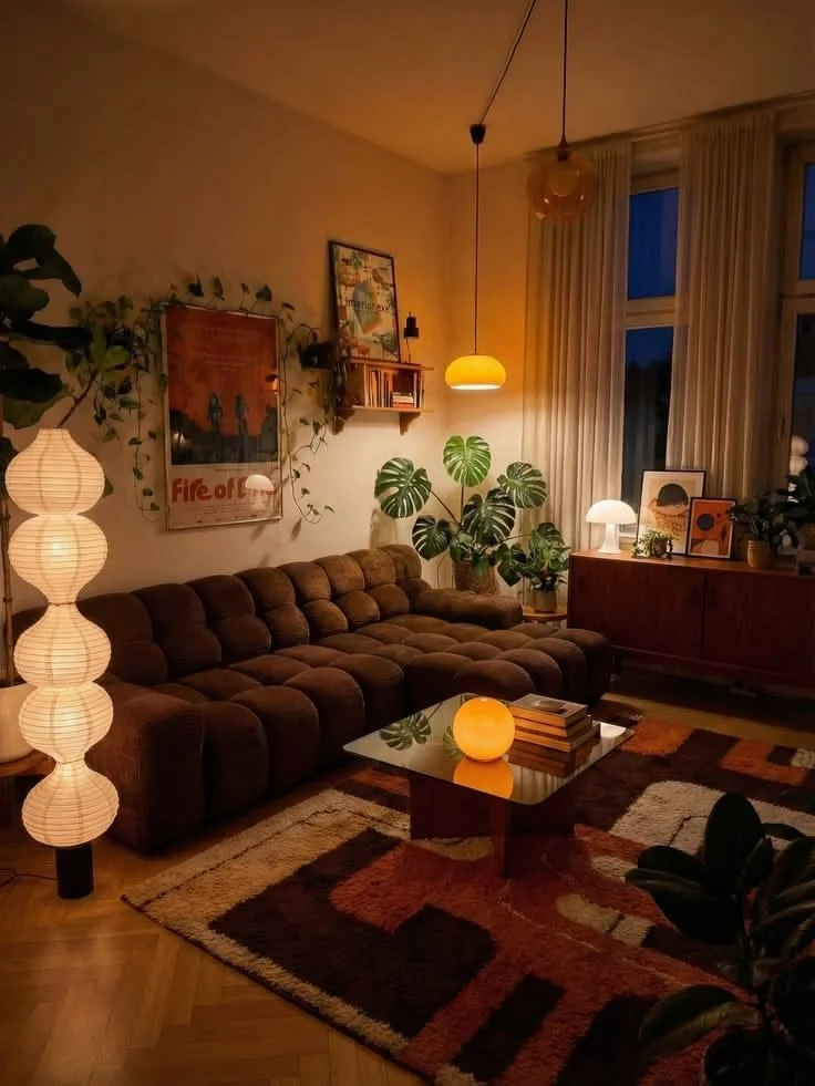 Cozy earthy living room with a brown leather couch and warm decor.