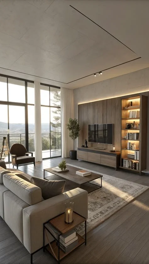 Cozy Living Room: Bright Windows, Plush Furnishings Cozy living room with bright windows and plush furnishings, inviting ambiance.