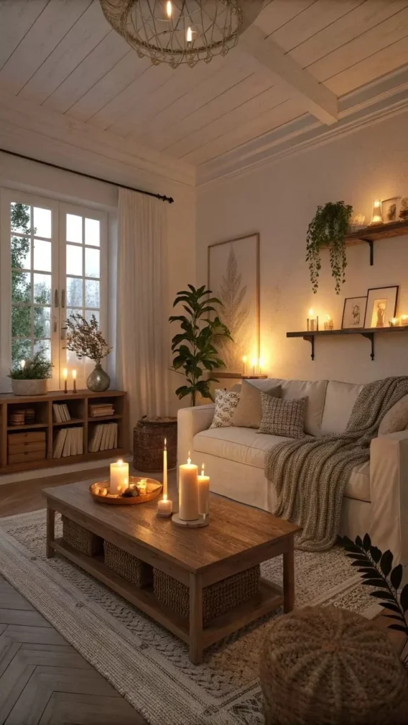 Cozy living room with candlelit vibes and warm lighting.