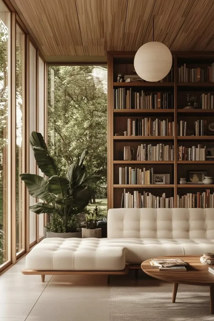 Cozy midcentury bookshelf in a stylish living room setting