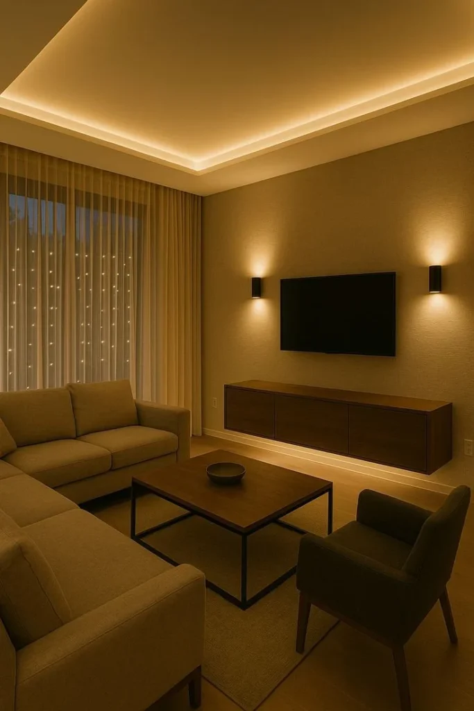 Cozy Modern Living Room with Ambient LED Lighting Cozy modern living room featuring ambient LED lighting for a warm atmosphere.