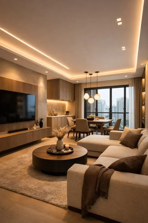 Cozy modern living room design with wall-mounted TV and comfortable seating areas.