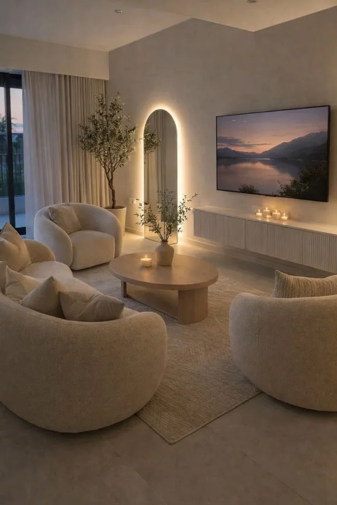 Cozy neutral living room aesthetic featuring soft textures and warm colors.