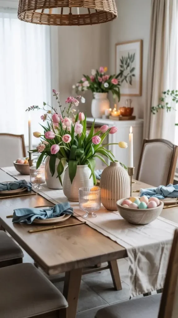 Easter Decor Ideas That Transition To Spring 2026 - Dining Room Table Centerpiece Elegant dining room table centerpiece featuring Easter decor ideas for spring 2026.
