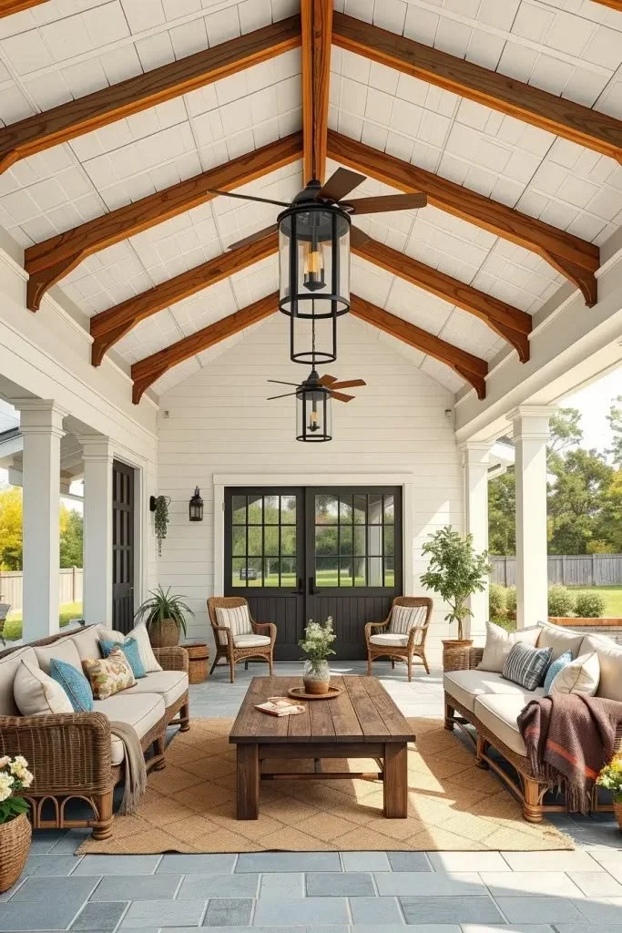 Farmhouse-Style Patio Ideas 2026: Covered Farmhouse Patios With Vaulted Ceilings Covered farmhouse patio with vaulted ceilings showcasing stylish outdoor design