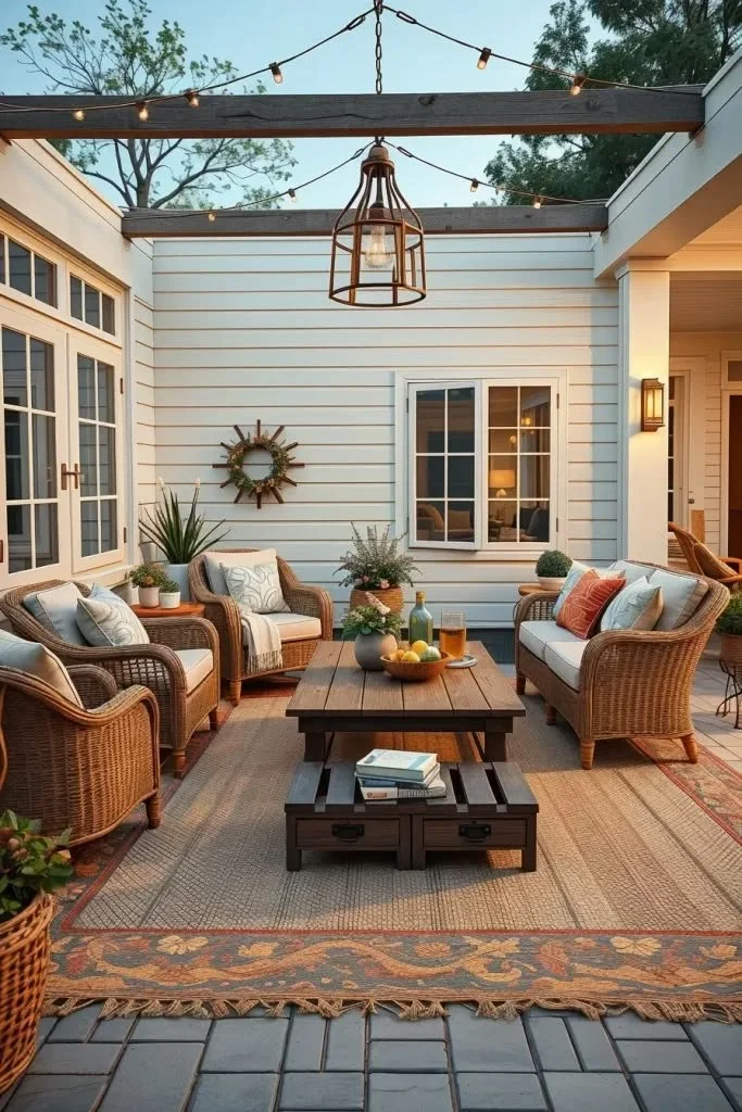 Farmhouse-Style Patio Ideas 2026: Farmhouse Patio Ideas With Wicker And Rattan Furniture Farmhouse-style patio featuring wicker and rattan furniture for a cozy outdoor ambiance.