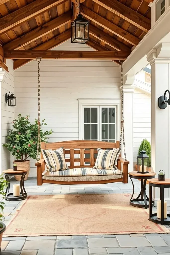 Farmhouse-Style Patio Ideas 2026: Farmhouse Porch Swings And Hanging Daybeds Cozy farmhouse-style patio with porch swings and hanging daybeds.