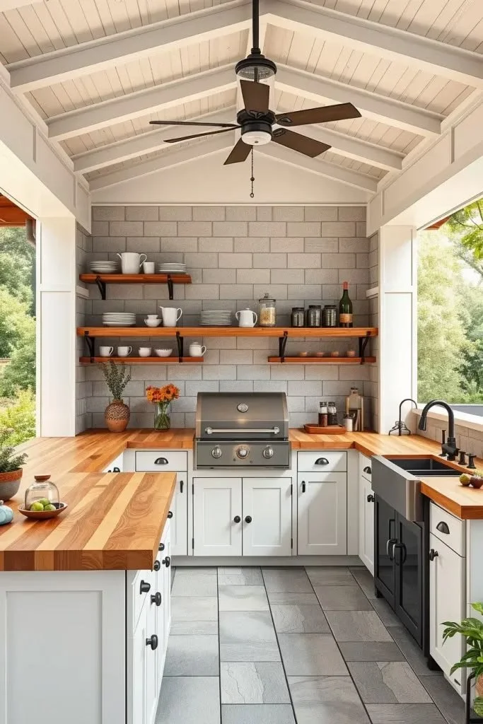 Farmhouse-Style Patio Ideas 2026: Outdoor Farmhouse Kitchens With Butcher Block And Open Shelving Farmhouse-style patio with outdoor kitchen, butcher block, and open shelving