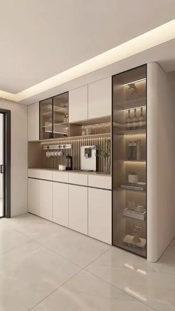 Modern Kitchen: White Cabinets & Glass Doors Modern kitchen with white cabinets and glass doors showcasing elegance and style.