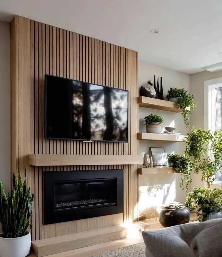 Modern Wood Slat Wall with Fireplace Accent Modern wood slat wall design with an elegant fireplace accent for home interiors