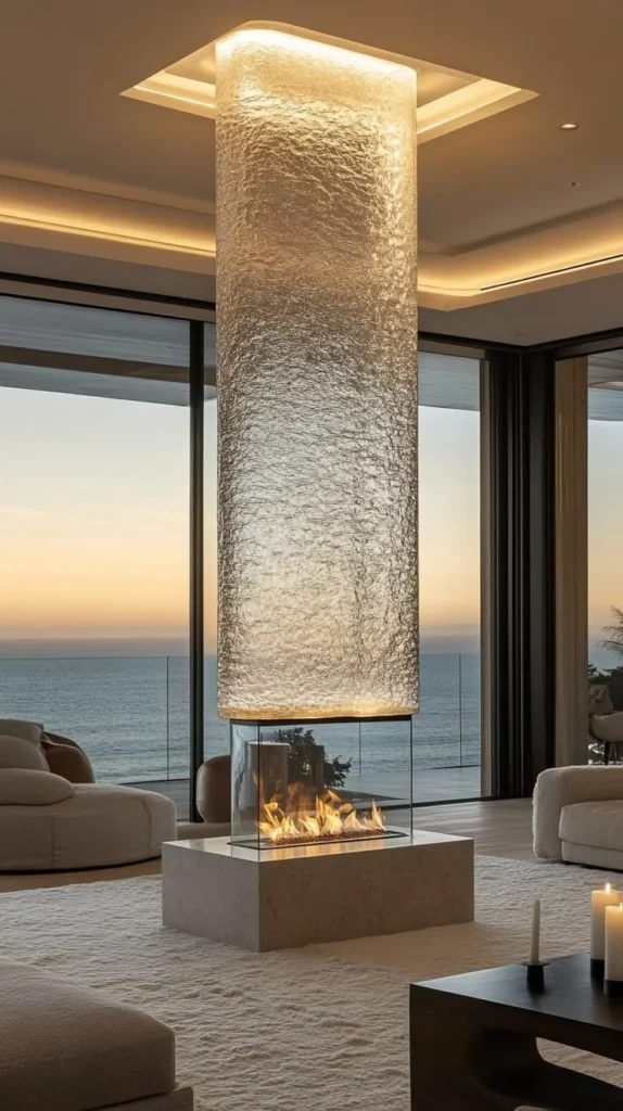 Ocean-view living room showcasing a beautiful fireplace wall