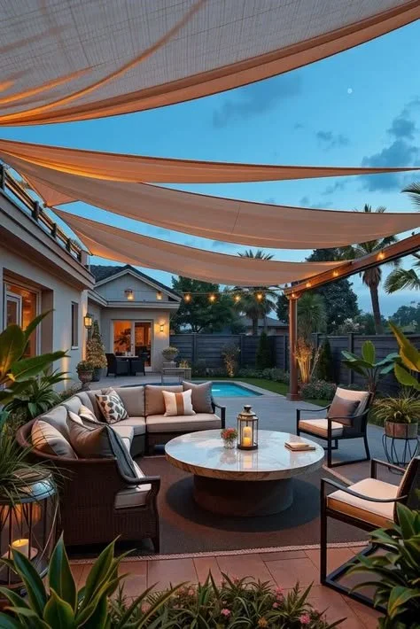 Luxury designer shade sails in a beautifully designed backyard