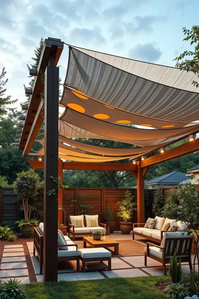 Sun Shade Sail Ideas Backyards 2026: Pergola Combined With Shade Sails For Hybrid Outdoor Structures Sun shade sail ideas with pergolas for hybrid outdoor structures in backyards.