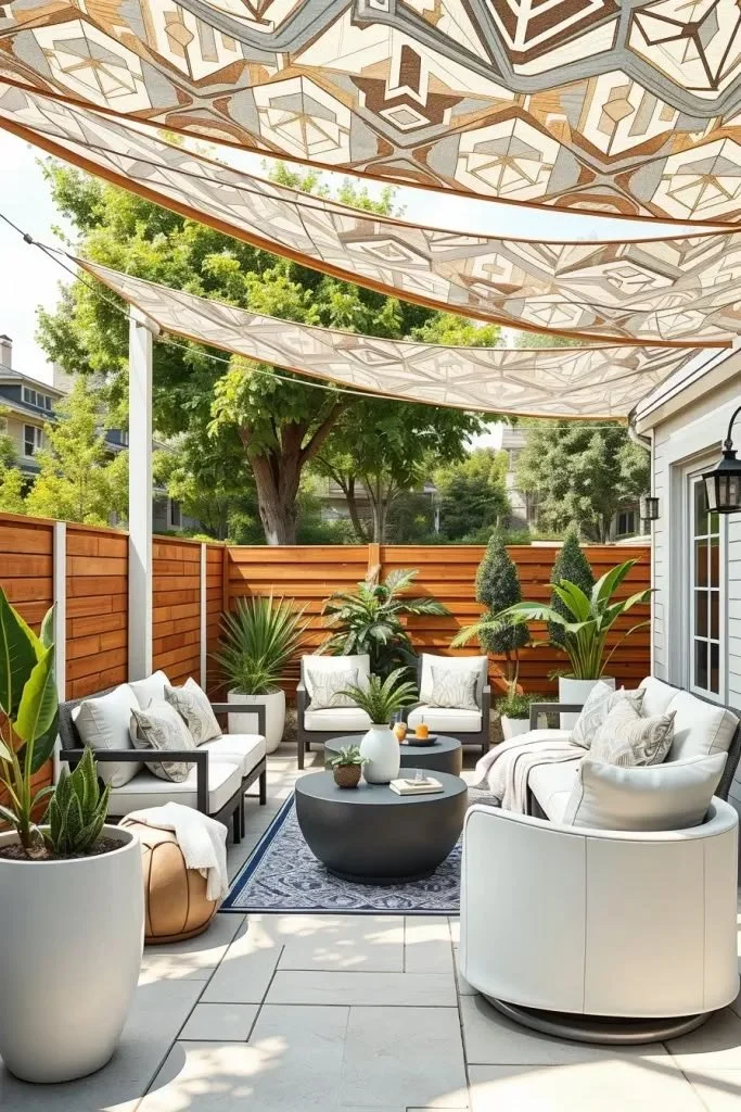 Artistic patterned shade sails enhancing backyard aesthetics