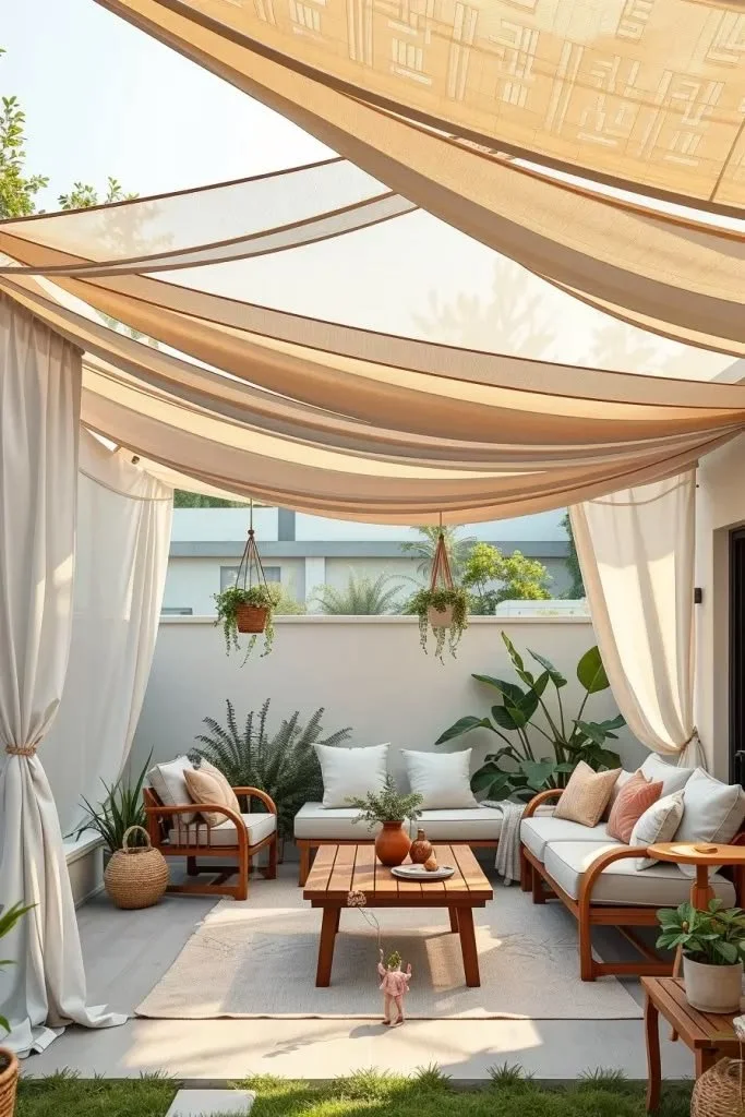 Layered fabric shade sails in a beautifully designed backyard