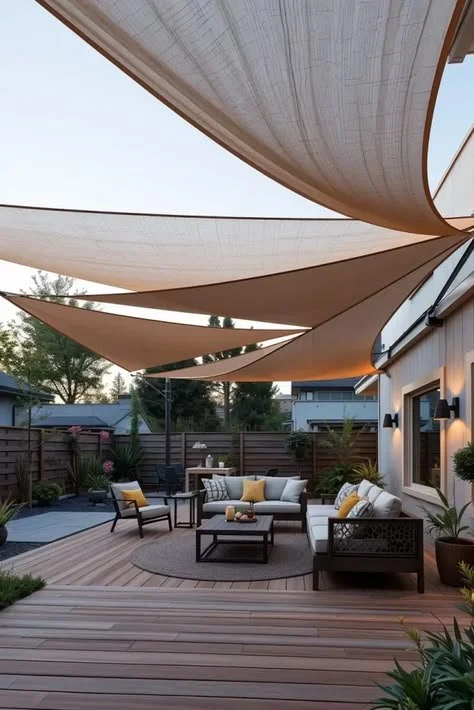 Backyard with multi-level shade sails for stylish outdoor shelter solutions.