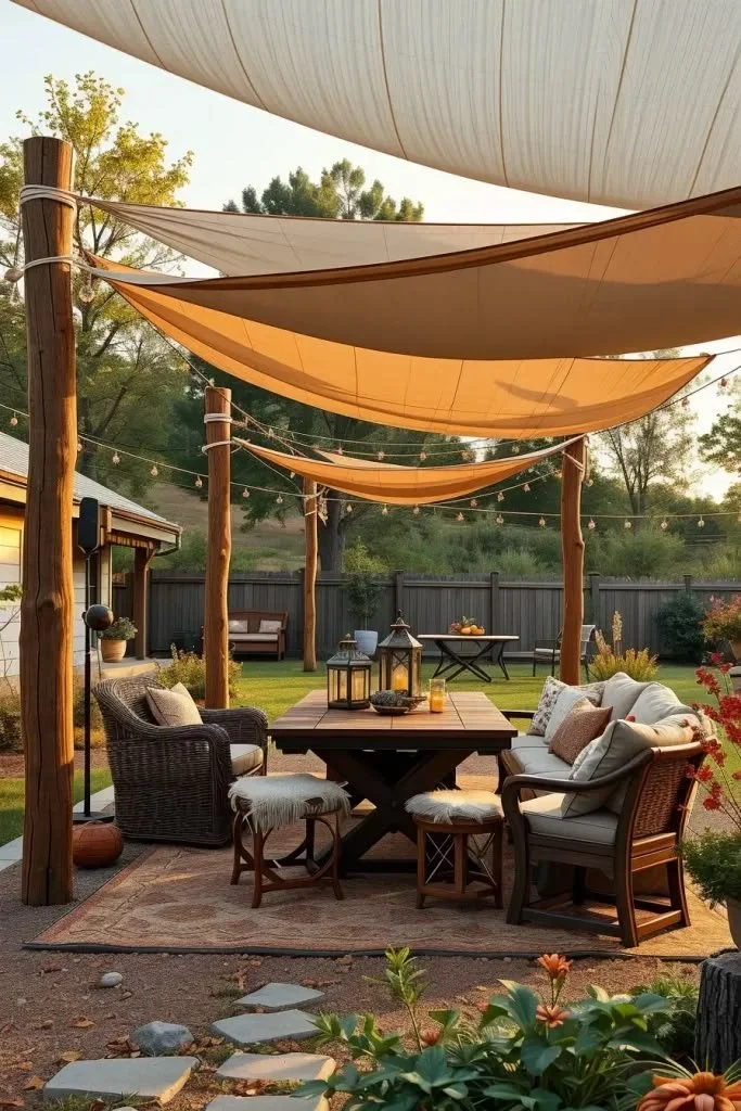 Rustic backyard shade sail ideas for sun protection and outdoor decor in 2026.
