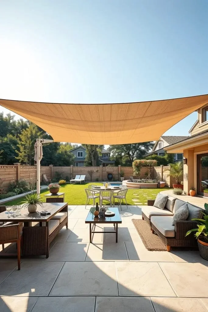 Stylish sun shade sails enhancing backyard outdoor living spaces
