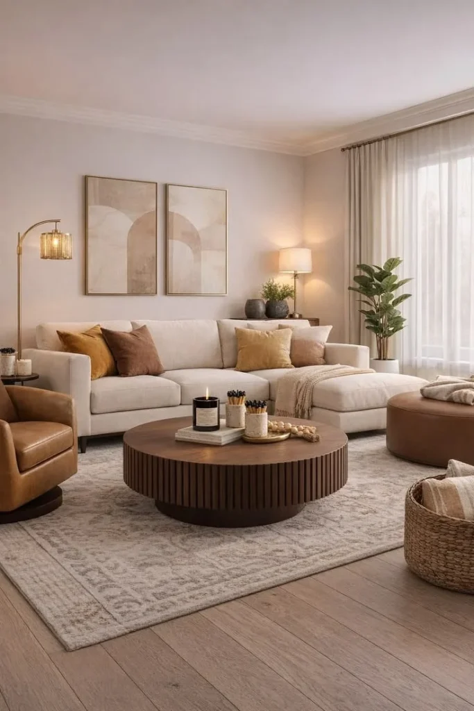 Elegant warm neutral living room design with modern affordable decor.