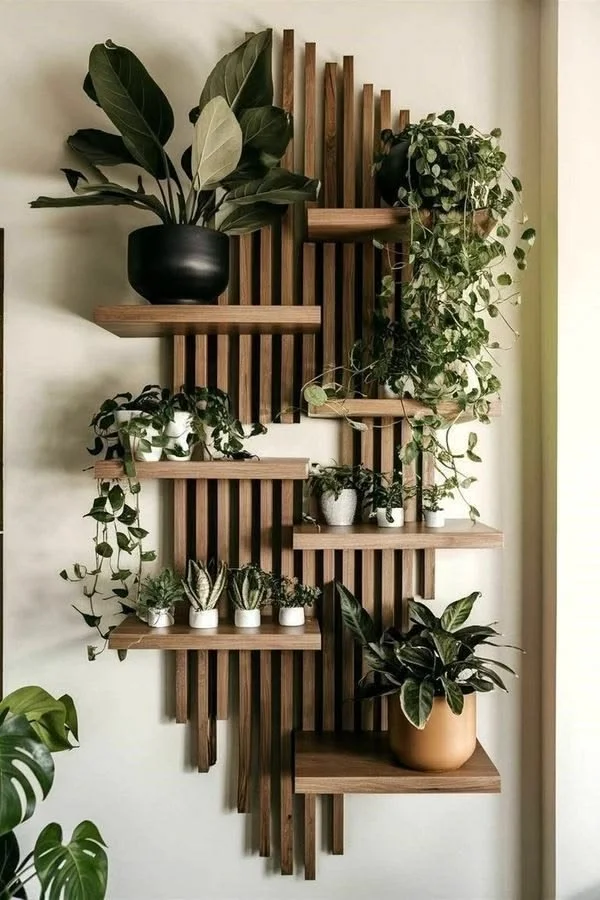 Wood slat plant wall featuring lush indoor greenery for home decor.