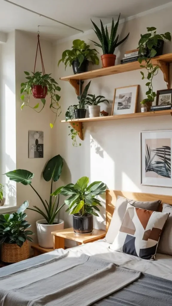 Aesthetic bedroom plant decor featuring lush greenery and sunny indoor garden elements.