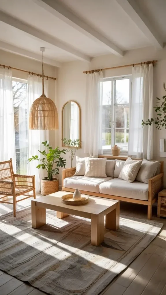 Coastal Bohemian Living Room Decor with neutral rattan and light wood furniture