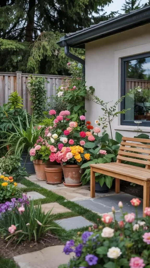 Colorful potted garden on a cottage style patio with a wooden bench decor