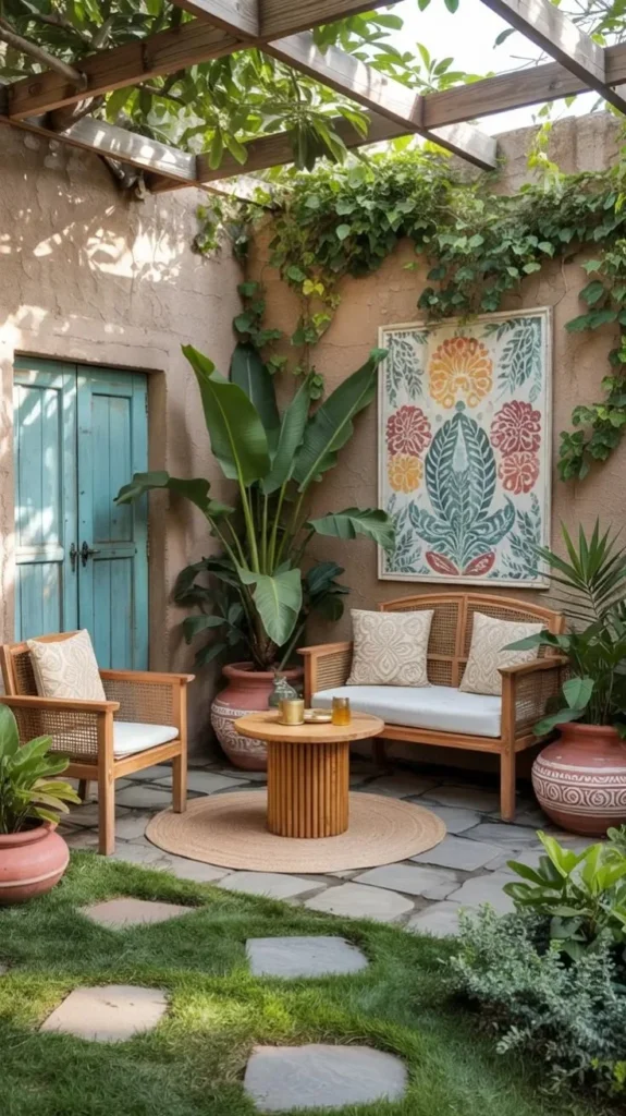 Cozy patio garden with boho decor and tropical elements for outdoor living