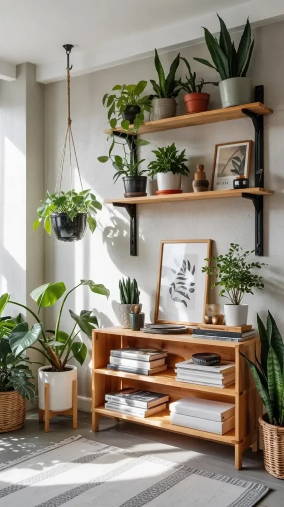 Indoor plant shelf decor showcasing a cozy garden aesthetic with various plants.