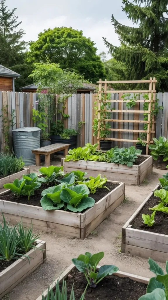 Large raised garden beds in a backyard vegetable garden layout, designed for 2026.