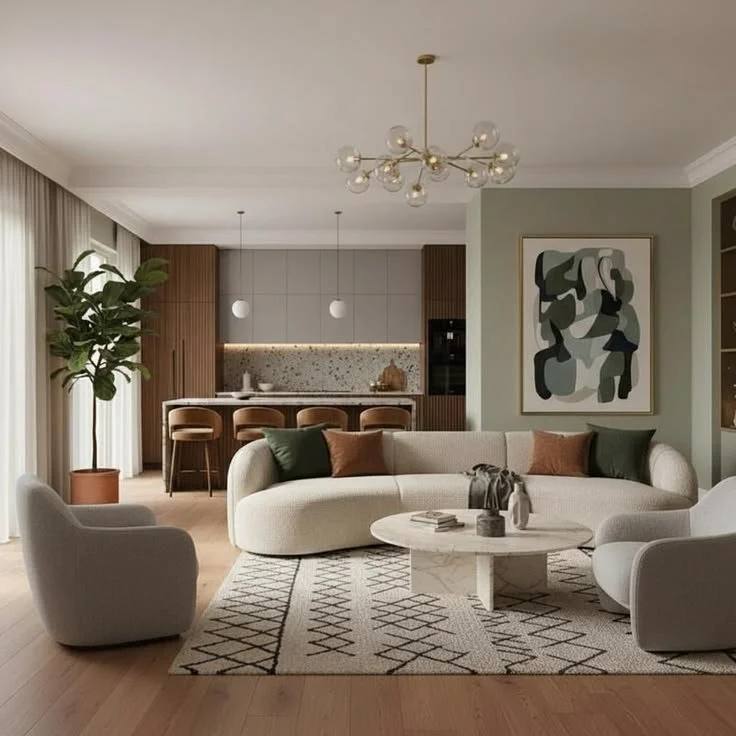 Luxe Living Room with stylish curved furniture and artistic decor
