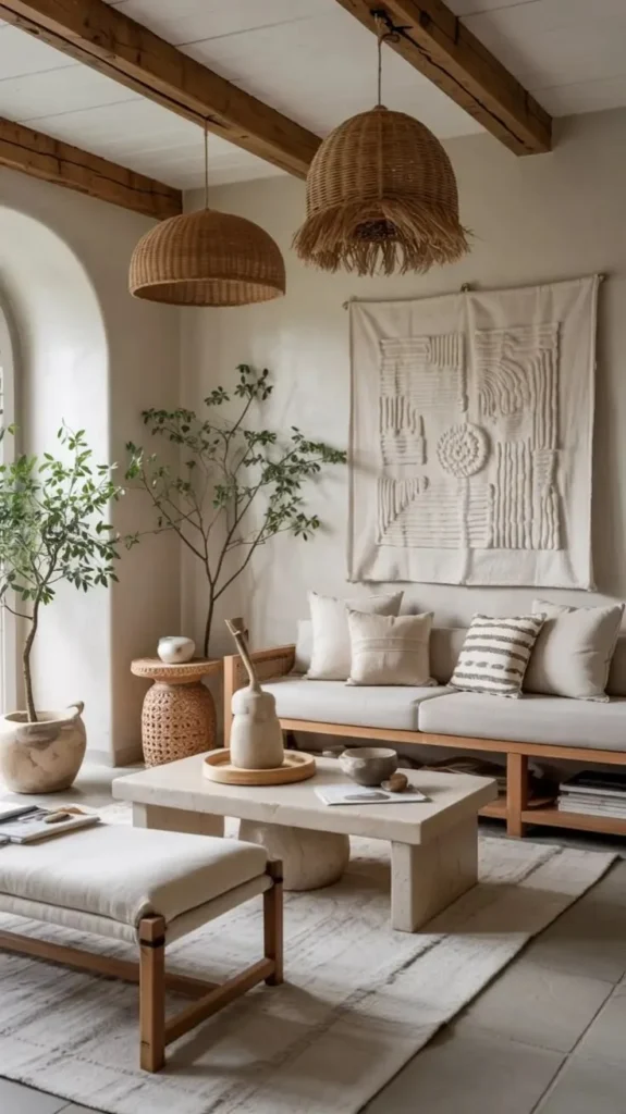 Minimalist boho living room with neutral tones and natural textures in 2026 decor style