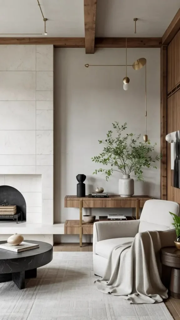 Modern rustic fireplace in a minimalist decor living room with neutral tones.