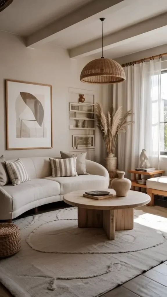 Minimalist organic living room with cream curved sofa and woven pendant light