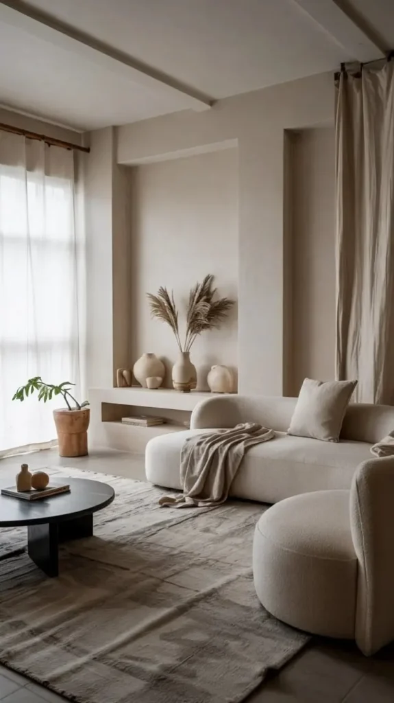 Modern minimalist living room featuring a neutral curvy sofa and built-in shelf decor.