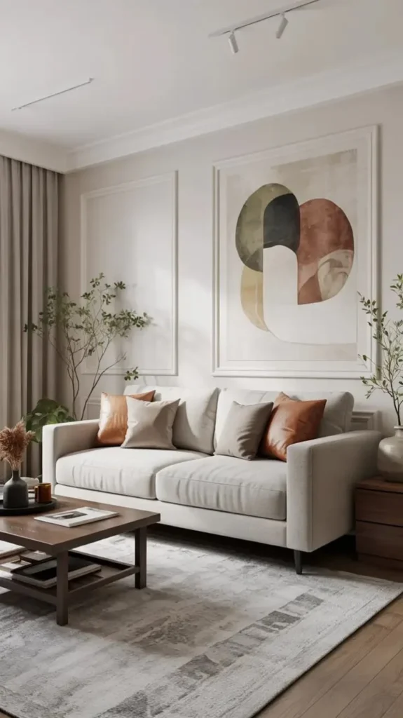 Modern neutral living room decor with cream sofa and abstract art