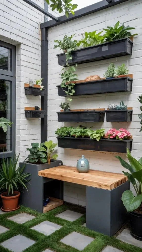 Modern vertical garden wall design in a white brick backyard patio setting 2026