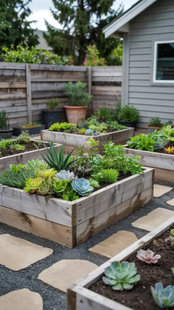 Raised bed garden featuring succulents and herbs for beautiful landscaping