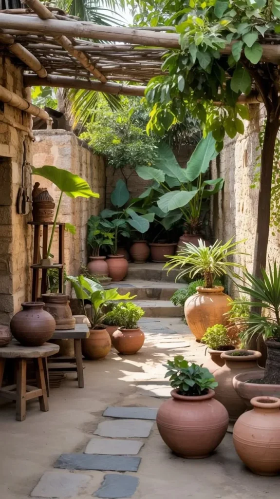 Rustic courtyard garden featuring terracotta pots, stone walls, and tropical plants