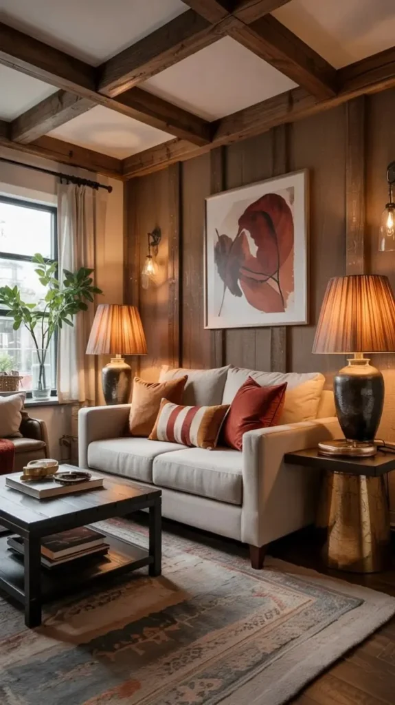 Cozy rustic lodge living room with deep wood paneling and earthy tone decor.