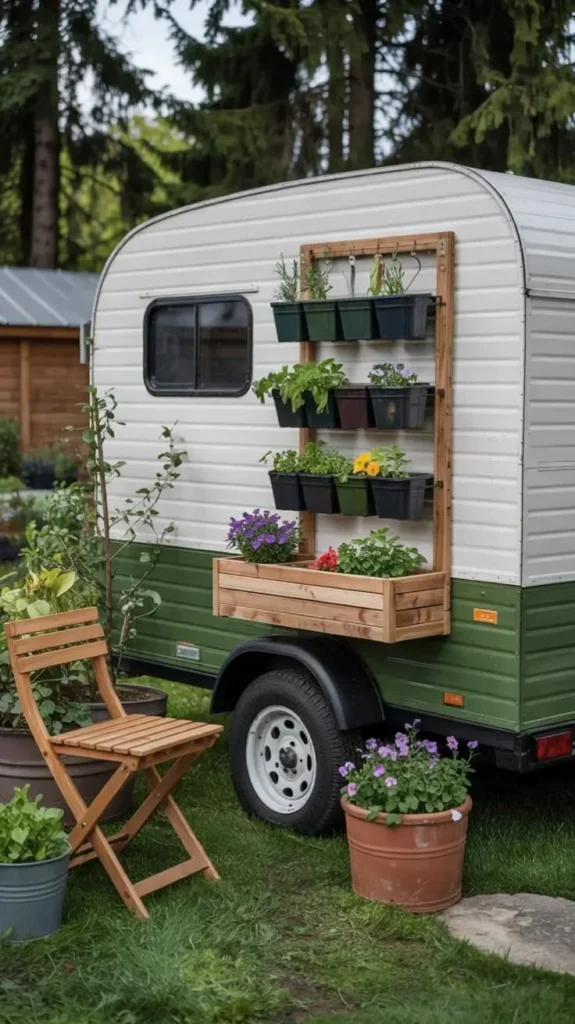 Inspiring RV vertical garden showcasing a variety of plants in a compact space.