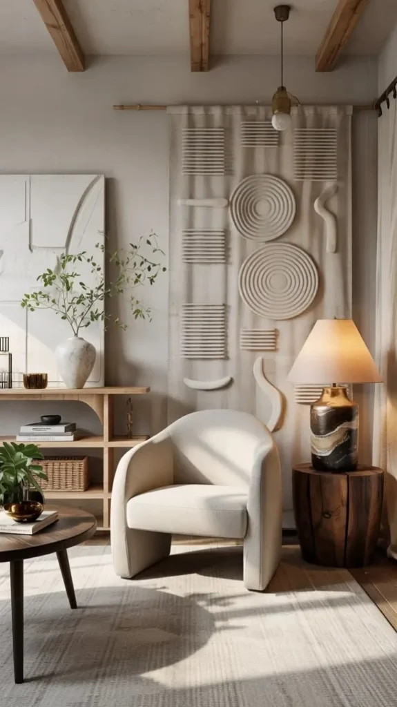 Textural neutral living room decor featuring an organic modern chair and art.